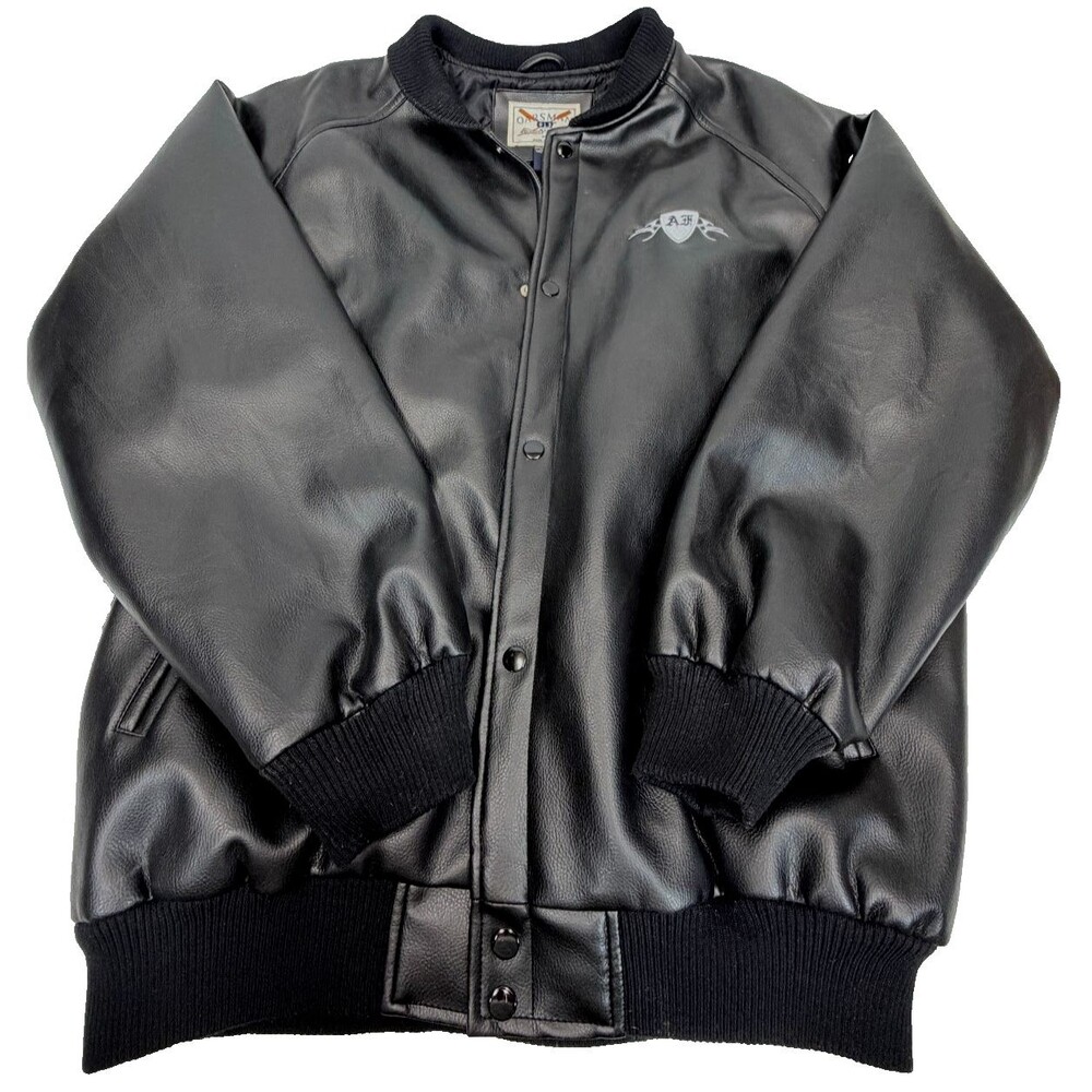 Vintage Oarsman 913 Mens L Black Faux Leather Bomber Jacket Air Force Embroider